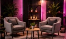 Dos sillones grises frente a una estantería con luz magenta