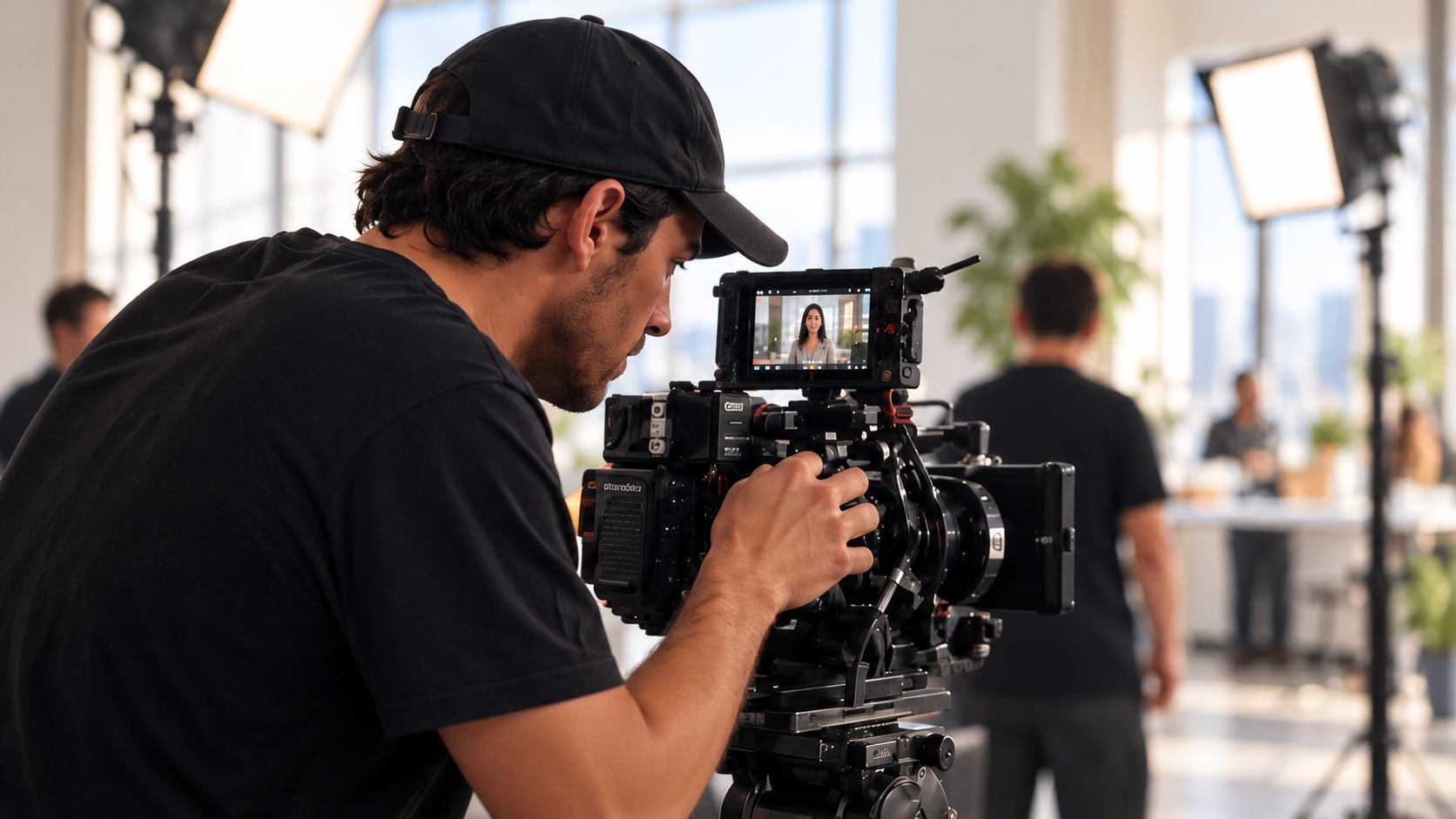 Camarógrafo grabando una producción corporativa en un set iluminado de día